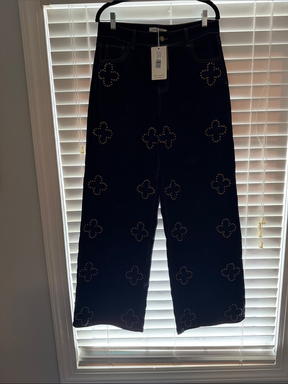 Nordstrom Black Wide-Leg Jeans with Gold Stud Clover Motifs